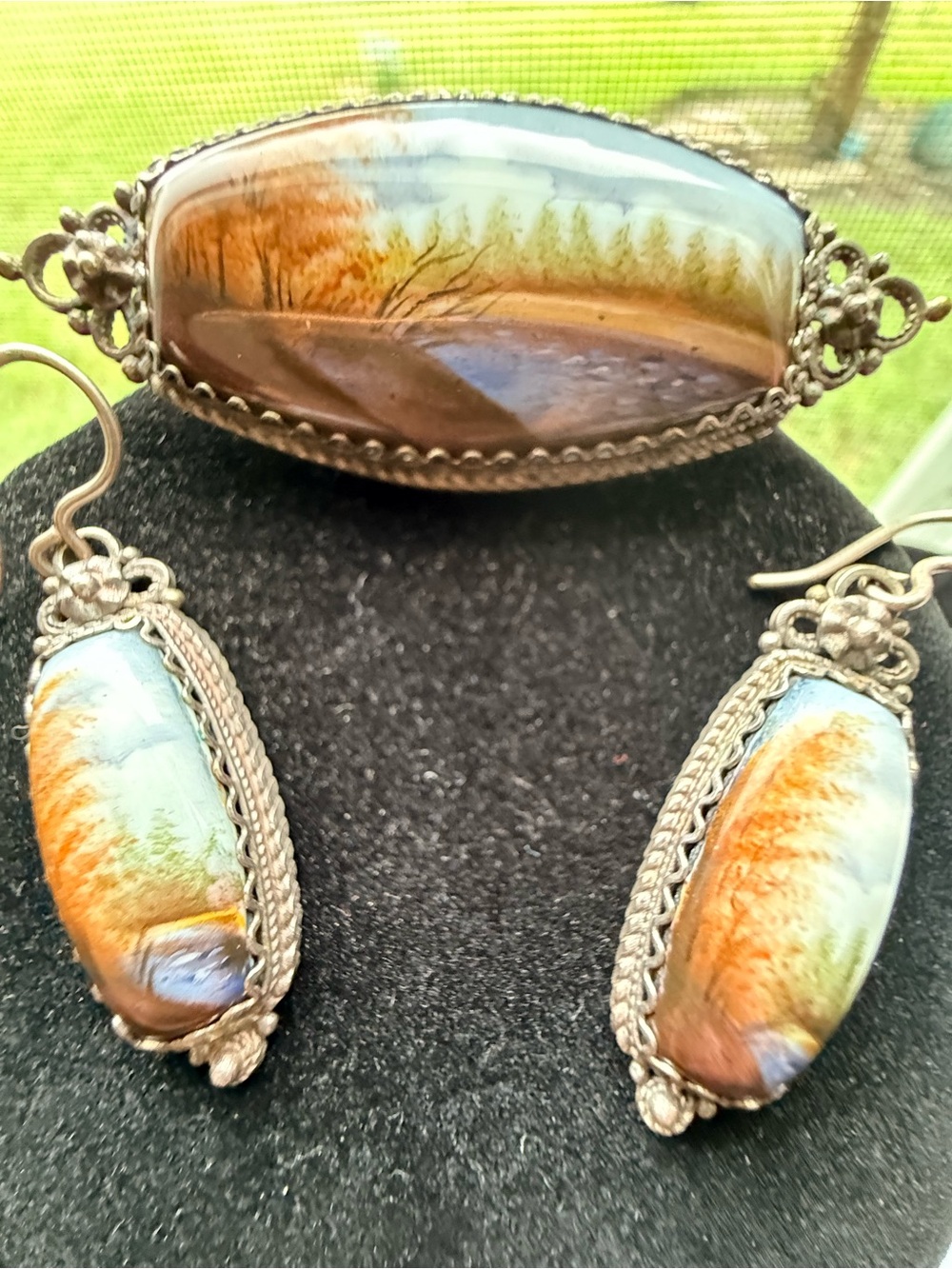 Handcrafted Dendritic Agate Brooch and Earrings — Brown and Blue Tones